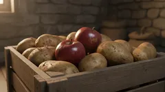 Bedna s bramborami a jablky na dřevěném stole v rustikální kuchyni